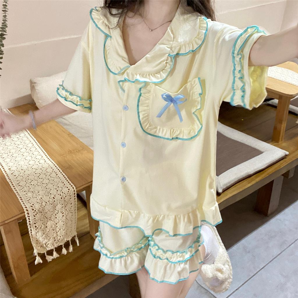 Dámské pyžamo Léto s krátkým rukávem Sada na spaní Kreslený Roztomilý Medvěd Pyžamo s potiskem Žena Volán Domácí Sada nočního prádla Cardigan