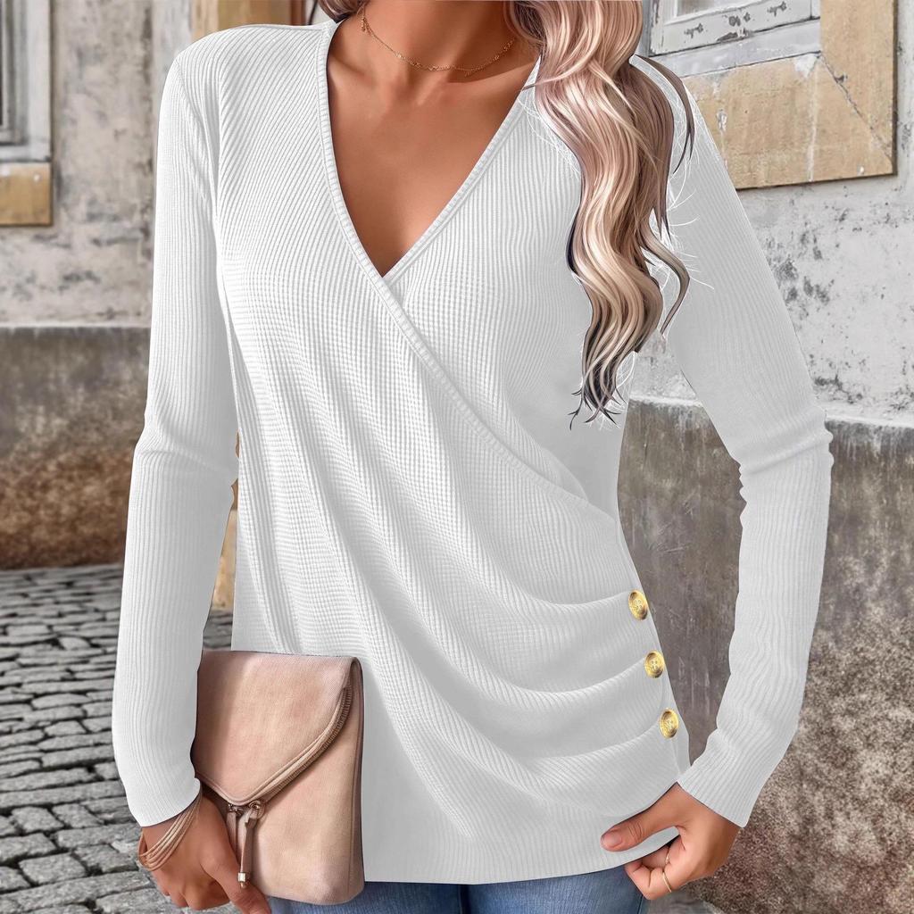 2025 Autumn Plus Size V-Neck Button Waffle Knit Women's T-Shirt