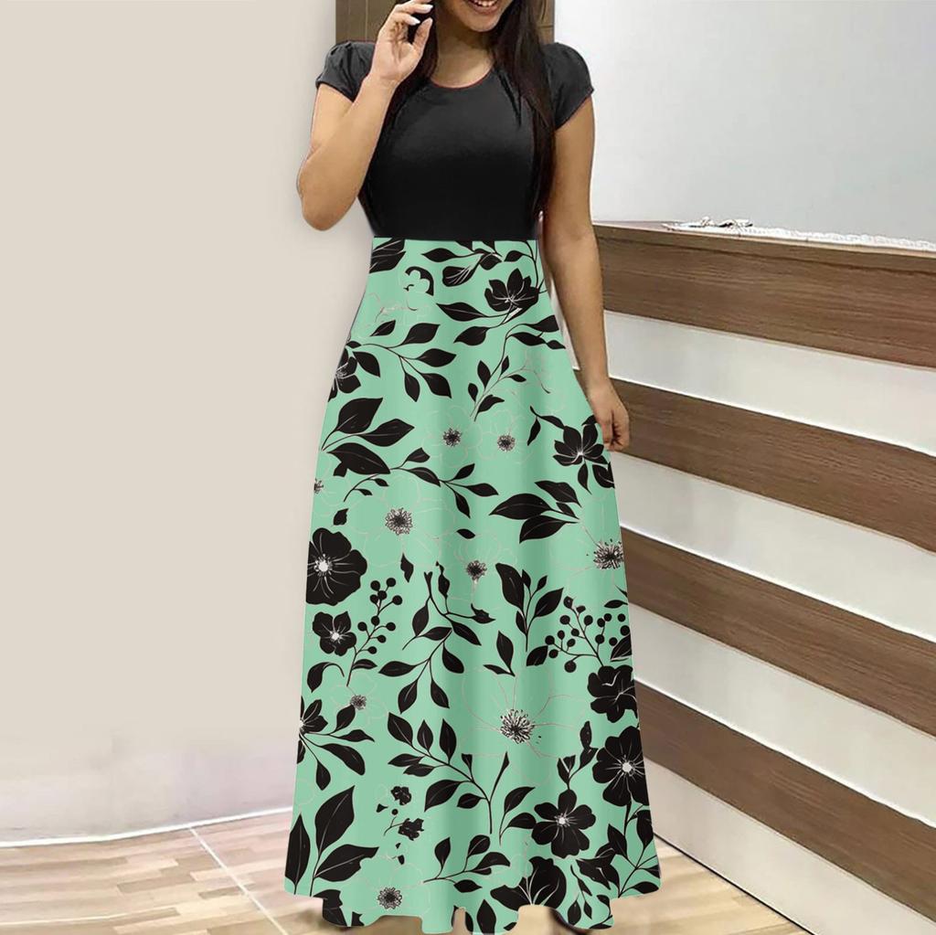 Women's Fashion Casual Loose Printed Round Neck Short Sleeve Long Dresses Short Sleeve Long Dresses