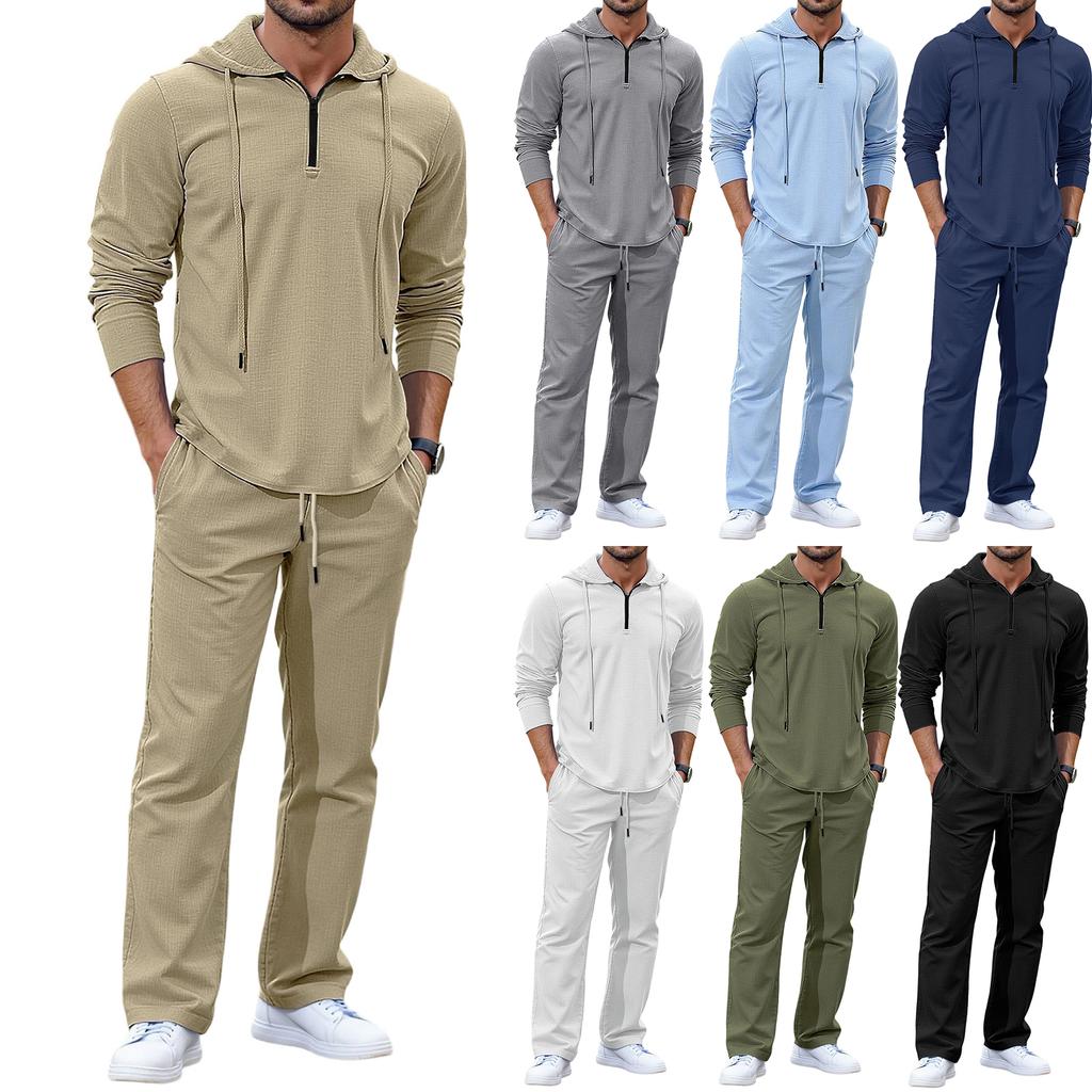 Men  Leisure  Hooded Hood  Half Zipper  Upper Garment  Trousers  Set