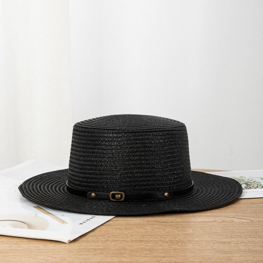 

1PC Casual Flat Top Straw Hat for Women, Summer Wide Brim Beach Hat, Adjustable Buckle Sun Cap summer hats for women women hat чорний