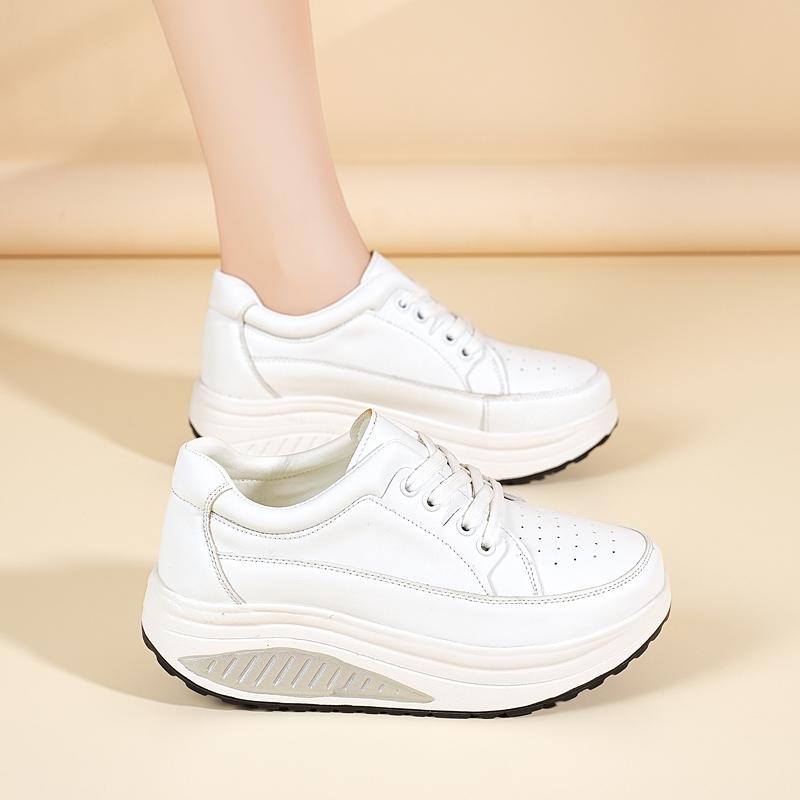 Women's Sneakers Height Increase White Leather Platform Casual Simple Thick Sole Elevator Shake Shoes