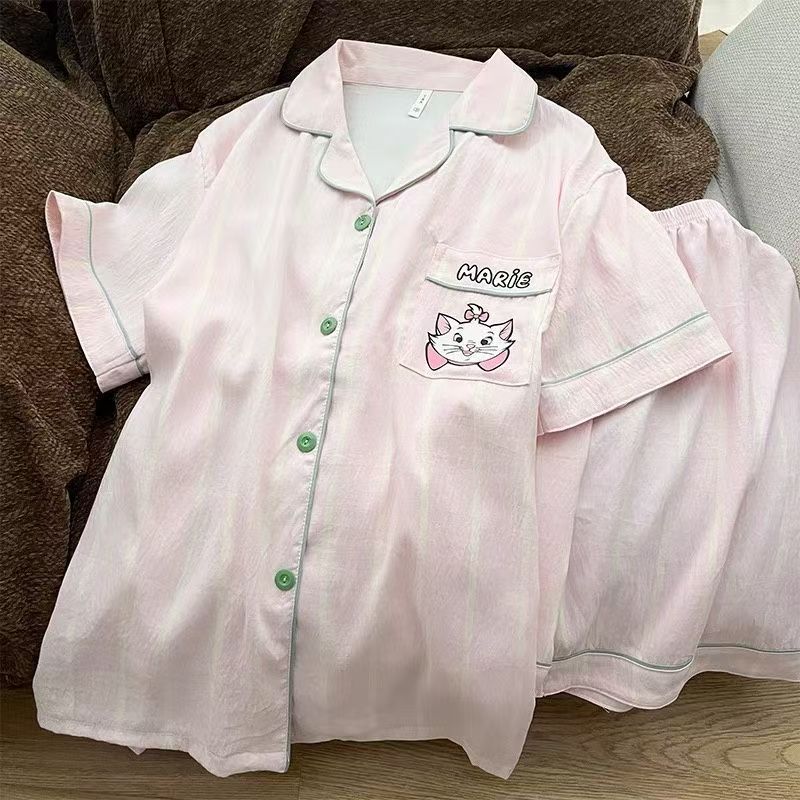 

Sweet Fashion Collection Cute Striped Big Face Cat Pajamas Women s Summer Short Sleeve Shorts Homewear Suit s [recommended weight 40-47.5kg ]