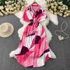 Women's Polo Neck Short Sleeve Geometric Print Maxi Shirt Dress High Waist Casual Dress