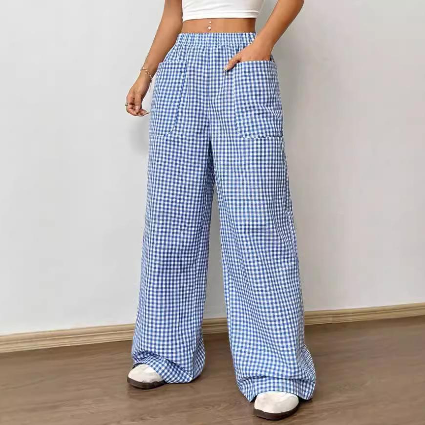 Women's Blue and White Striped Wide Leg Pants with Pockets, High Waist Comfortable Casual Trousers