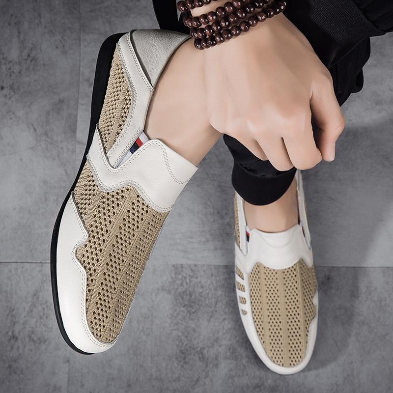 Fashion Summer Men Leather Casual Shoes Quality Slip on Men Loafers Comfortable Outdoor Mesh Flat Sneakers Non Slip Men Walking Footwear