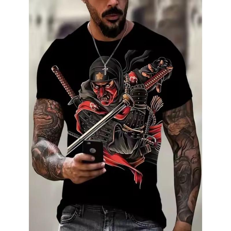 Übergröße Herrenmode Samurai Grafik T-Shirt, 3D Druck Trendy Stylisches Oberteil, Reifer & Eleganter Stil