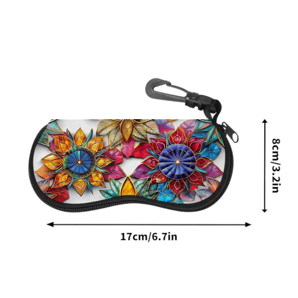 2D-Colorful Stained Glass Flower Print Sunglasses Case, Zipper Eyeglasses Protective Holder, Portable Floral Eyewear Storage Box for Travel Gifts