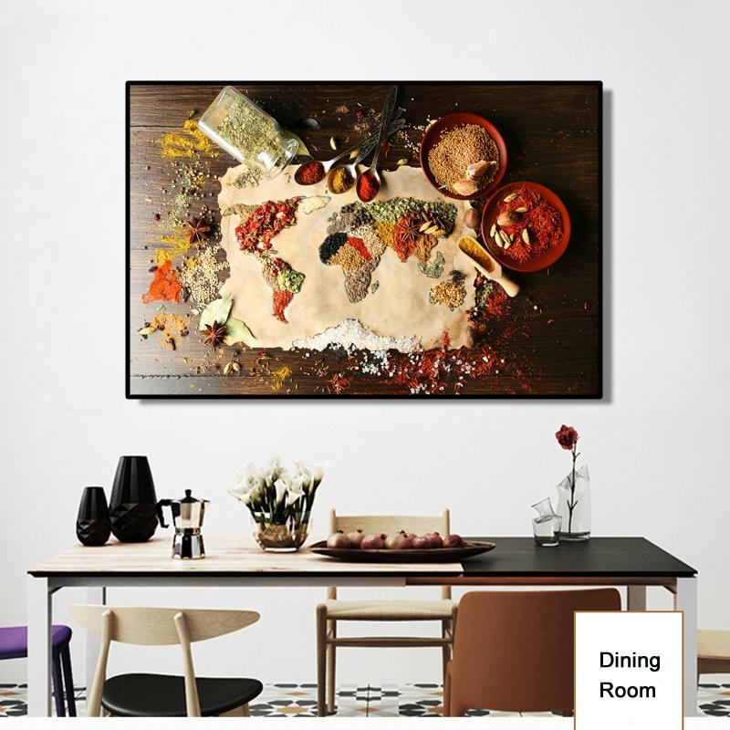 Wall Art Canvas Painting World Map with Spice Posters and Prints Wall Pictures for Dining Room Cuadros Home Decoration No Frame