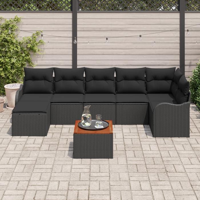 Ensemble de Sofa de Jardin 8 Pièces avec Coussins Noir Poly Rattan Acacia, Sofa de Jardin 2 Places avec Coussins Noir Poly 3347485