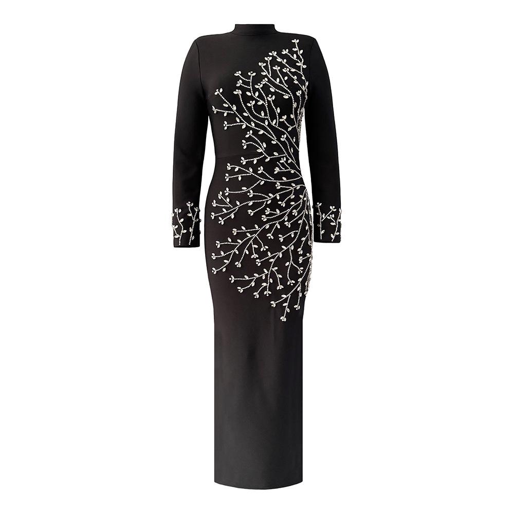European and American Studded Bandage Long Sleeve Evening Gown - Slim Fit Socialite Party Dress