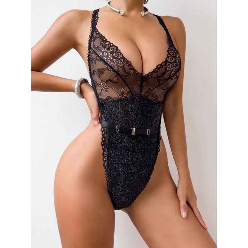 Outfitgirl Fashion Style Lace Splicing Cross Beauty Back Sexy Perspective Jumpsuit Sexy Sexy Seduction