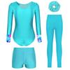 Mädchen Tanz Outfit Langarm Strass Verziert Bedruckt Trikot Shorts Leggings Haargummi Stirnband Gymnastik Auftritt Set