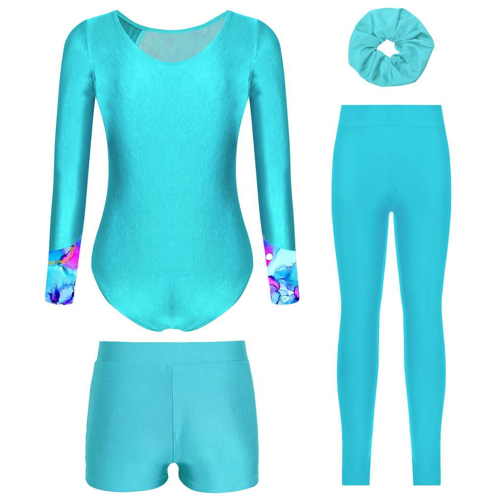 Mädchen Tanz Outfit Langarm Strass Verziert Bedruckt Trikot Shorts Leggings Haargummi Stirnband Gymnastik Auftritt Set