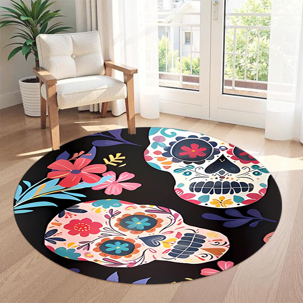 Skull Round Floor Mat Suitable for Outdoor Hallway Entryway Kitchen Antislip Round Carpet Anime Office Decor