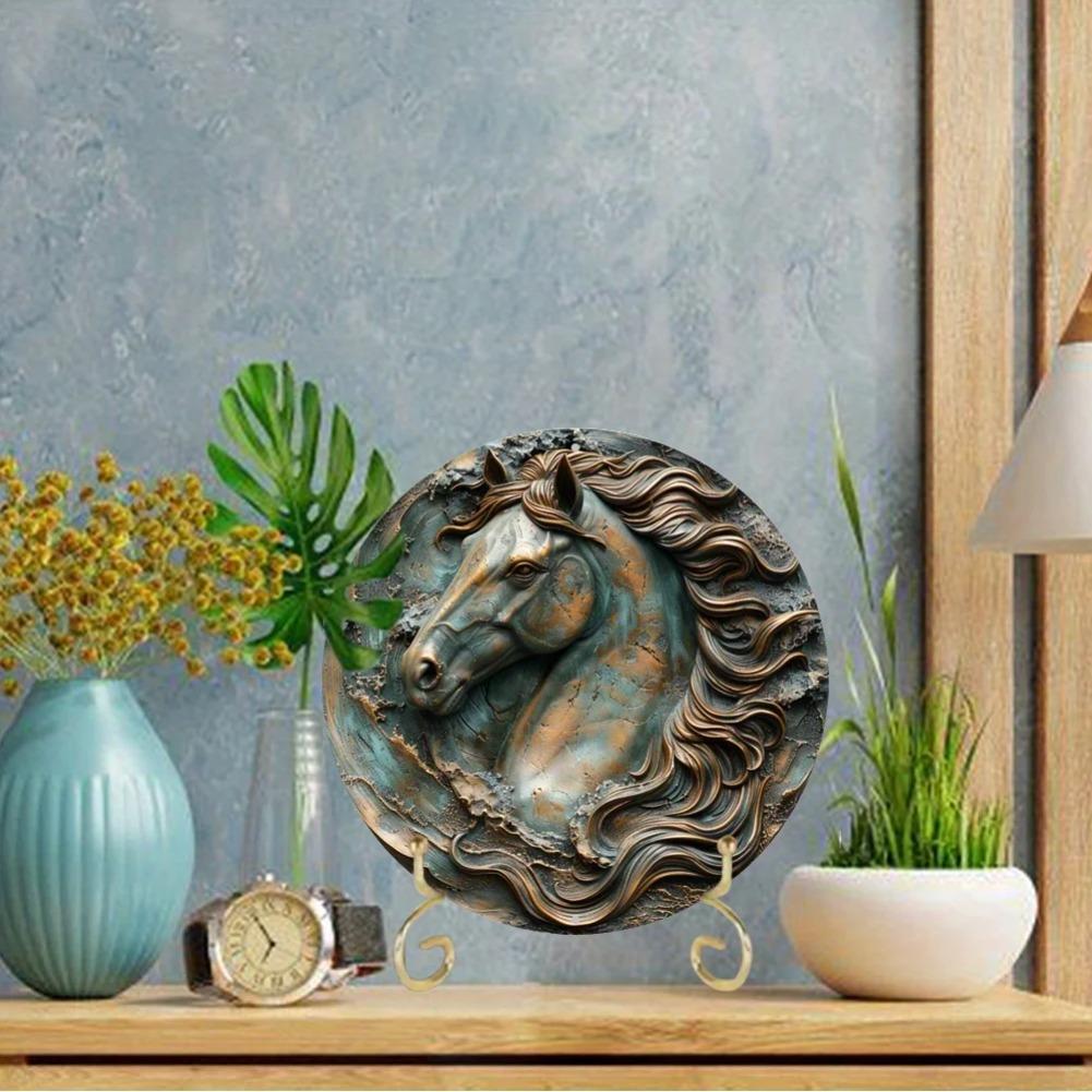 Hisun Tin Sign Vintage D Effect Horse Head Round Tin Sign Retro Rustic Bronze Patina Equine Themed Metal Wall Art Plaque Waterproof Distress