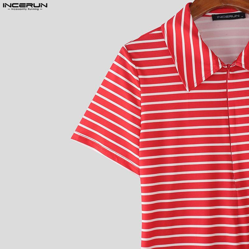 INCERUN Sommer Herren Reverskragen Kurzarm Gestreift Reißverschluss Freizeit T-Shirts Oberteile