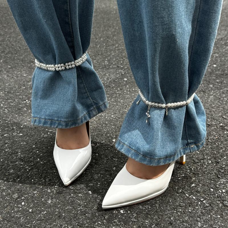 VIVILADY Heart Pearl Cross Pendant Bracelet Elastic Ankle Chain for Women Fashion Jewelry Minimalist Accessories Party