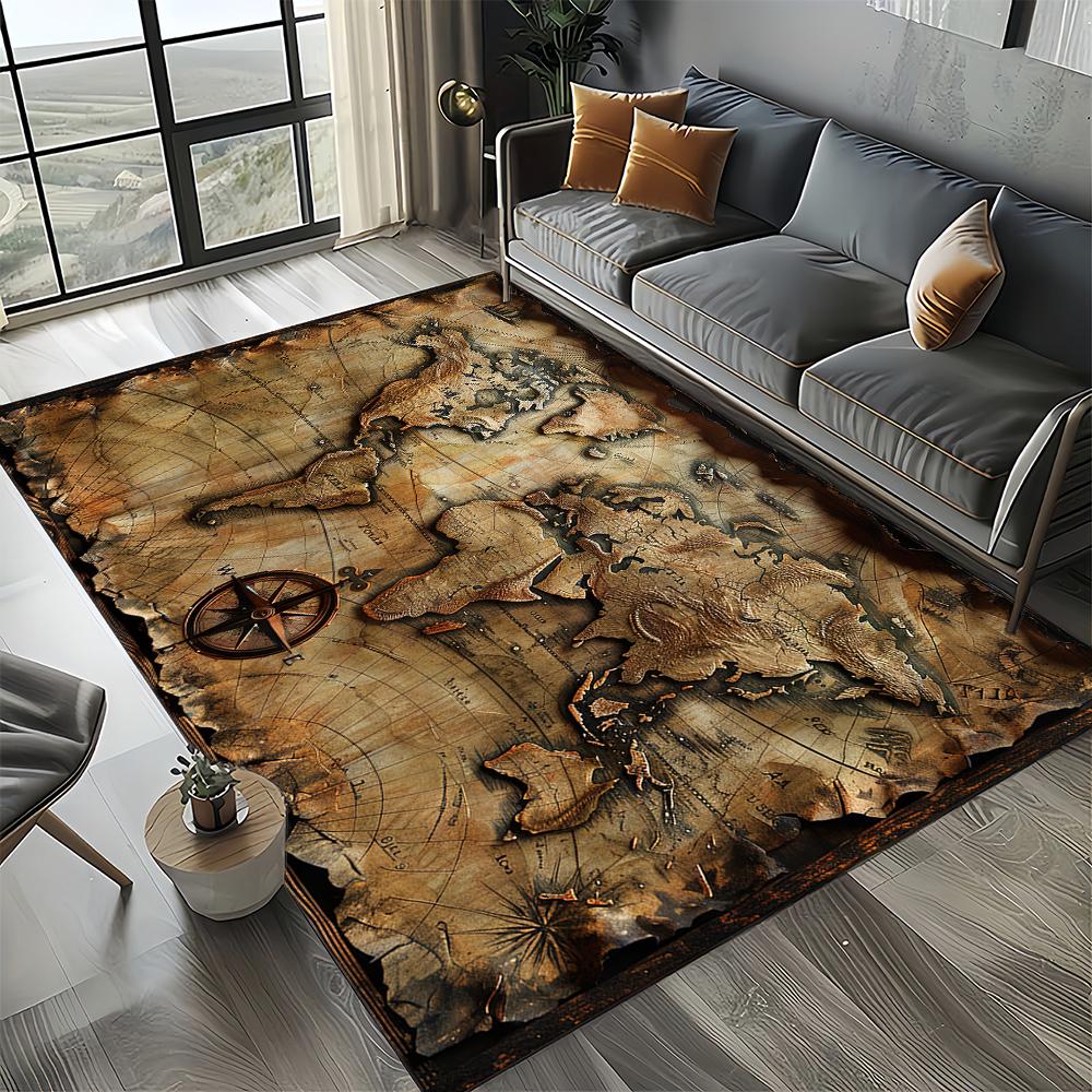 2025 New Style Retro Marine Nautical Chart Compass Carpet Rug for Home Living Room Bedroom Sofa Doormat Decor,Non-slip Floor Mat