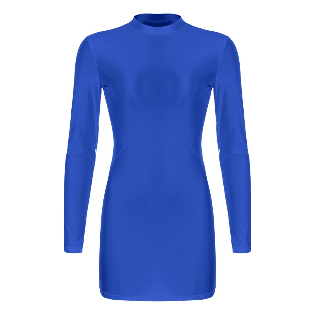 Womens Glossy Long Sleeve Bodycon Dress Mock Neck Solid Color Stretchy Fabric Tight Fitting Nightwear Evening Gown