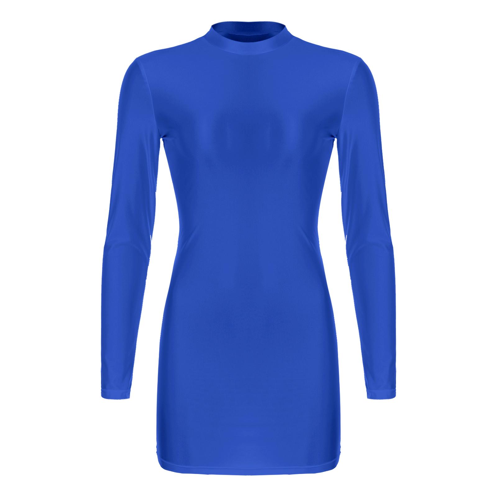 

Жіноча глянцева сукня бодікон з довгим рукавом, з коміром-стійкою, однотонна, з еластичної тканини, облягаюча, нічний одяг, вечірня сукня L королівський синій колір