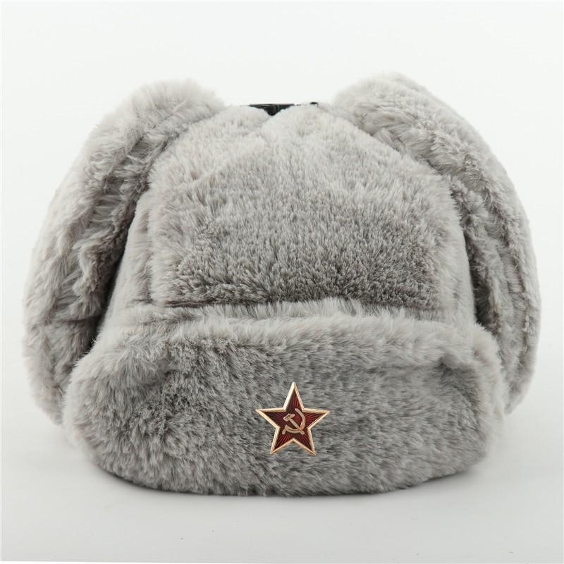 Warm Winter Military Style Earflap Hat Men Women With Embroidered Soviet Emblem Faux Fur Lined Outdoor Cap