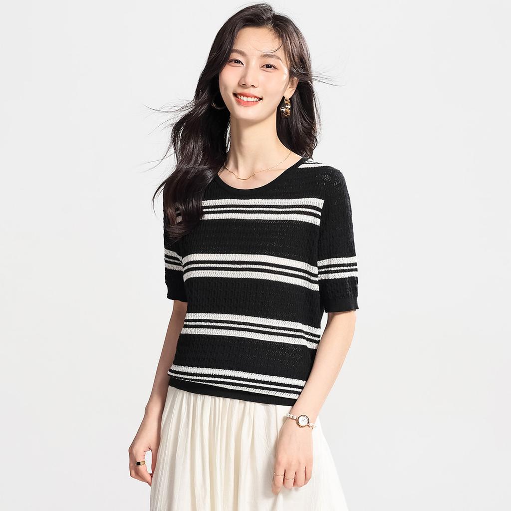 Black and white contrasting T-shirt with mulberry silk, striped knit shirt, casual short sleeved, summer comfortable women's T-shirt top