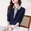 Wiosna Jesień Golf Vintage Paski Patchwork Sweter Bluzka Damska Fałszywe Dwie Części Luźny Casual T-shirt Top Odzież Damska