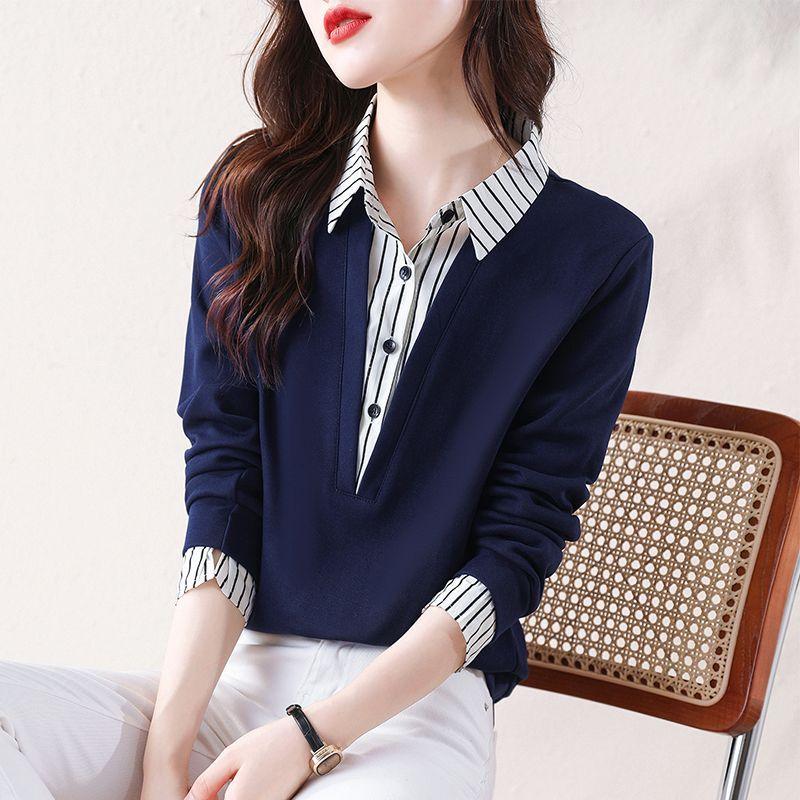 Wiosna Jesień Golf Vintage Paski Patchwork Sweter Bluzka Damska Fałszywe Dwie Części Luźny Casual T-shirt Top Odzież Damska