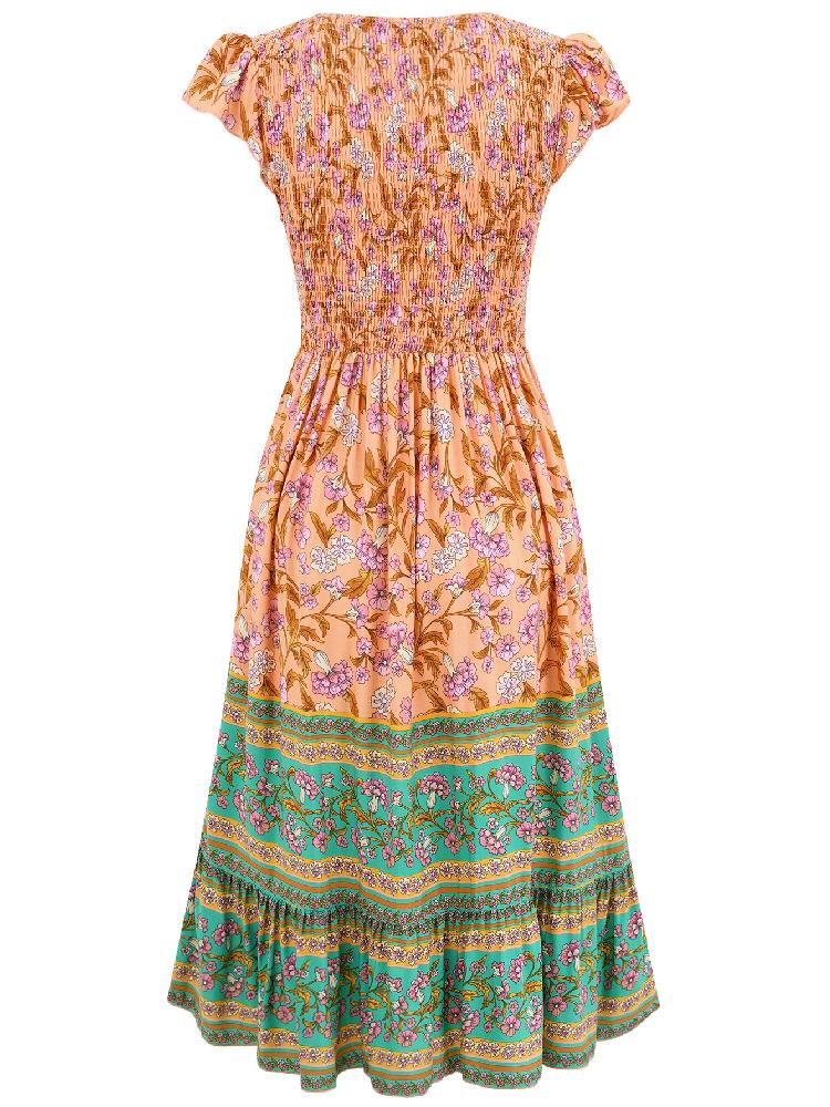 Sommerliches Freizeitkleid Neuer Druck V-Ausschnitt Flatterärmel Böhmischer Stil Kleid