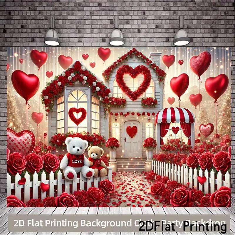 2D Valentine s Day Teddy Bear & Red Rose Photography Backdrop 47.2x31.5inch/120*80cm