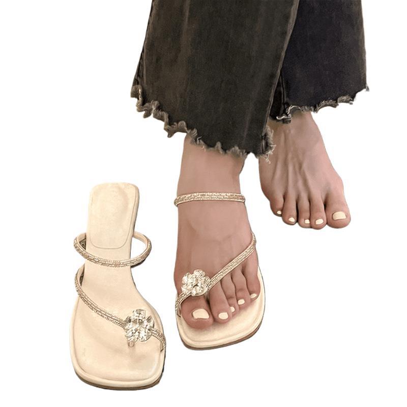 With skirt slippers women's summer wear 2025 new summer rhinestone cool slippers French thick heel beautiful high heel sandals