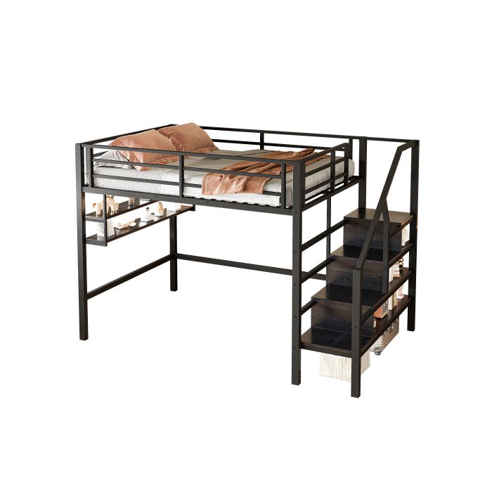 Lit Mezzanine, 140*200cm , Étagères, Échelle De Rangement, Espace Libre Sous Le Lit À Habiller, Garde-corps, Sans Matelas, Noir