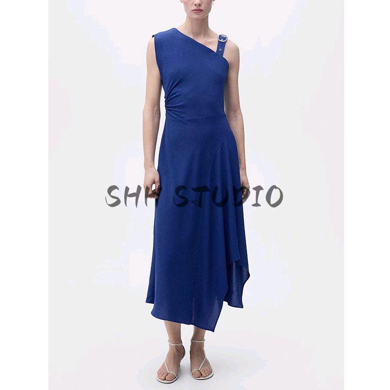 Summer New Arrival Women's Clothing Fashion Style A- Line Asymmetric Buckle Oblique Shoulder Strap Dress 87017194