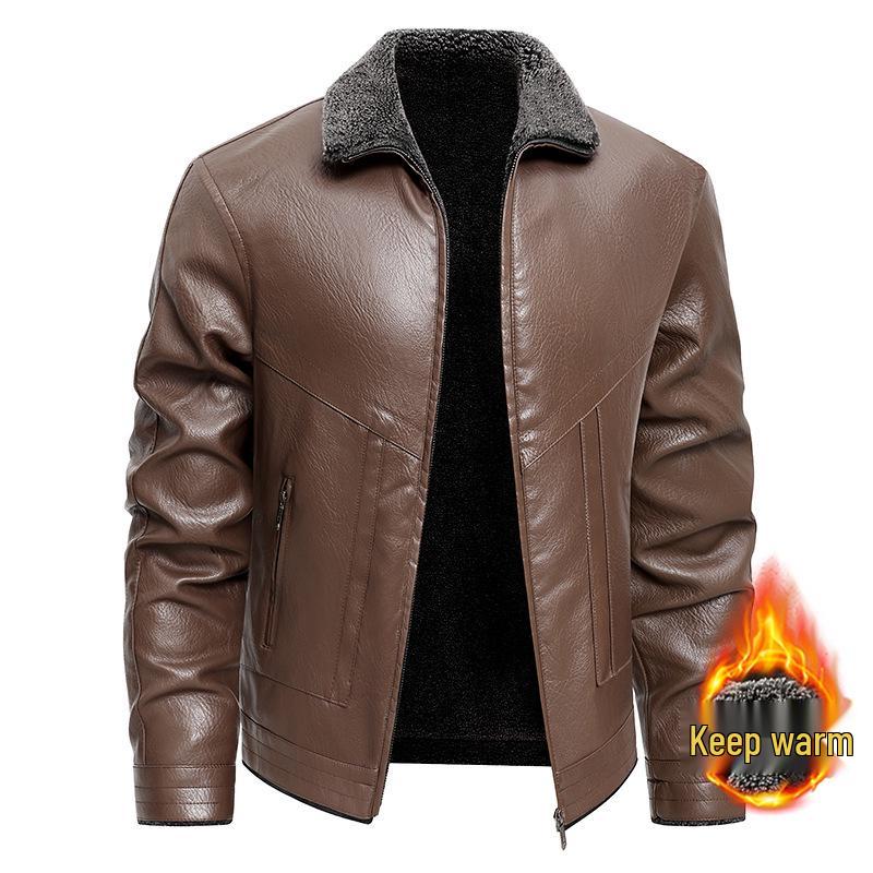 Men's Plus Size Winter Fur-Lined Leather Jacket with Lapel