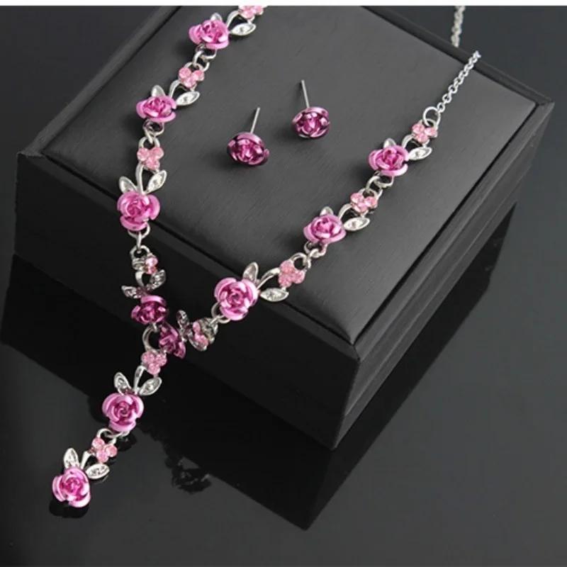 Nowa moda Prosty naszyjnik z zawieszką w kształcie róży na ślub i wesele Zestawy biżuterii kolczyki