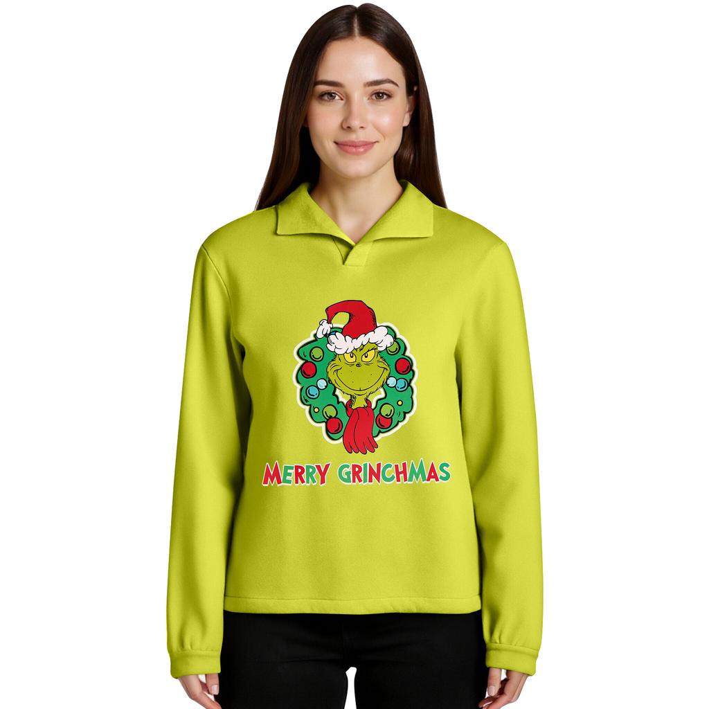 Women's Stand-up Collar Long-sleeved Pullover Top, Christmas Print Sports Top