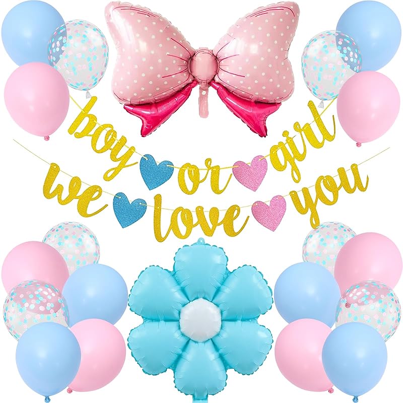 

Lausatek Gender Reveal Balloons for Baby Gender Reveal Surprise Party, Boy or Girl, with Garland, Bow, Flower Decorations, Confetti, and more.