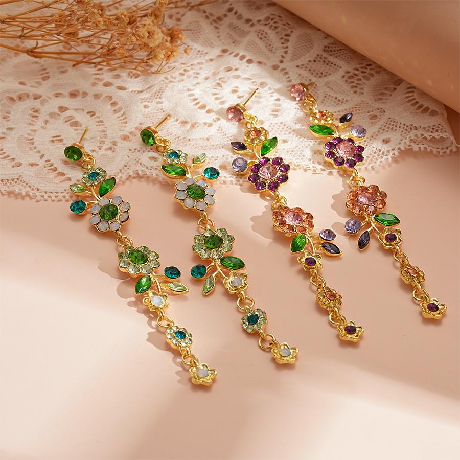 Retro diamond-encrusted branches and leaves flower long silver needle earrings niche super fairy sweet earrings