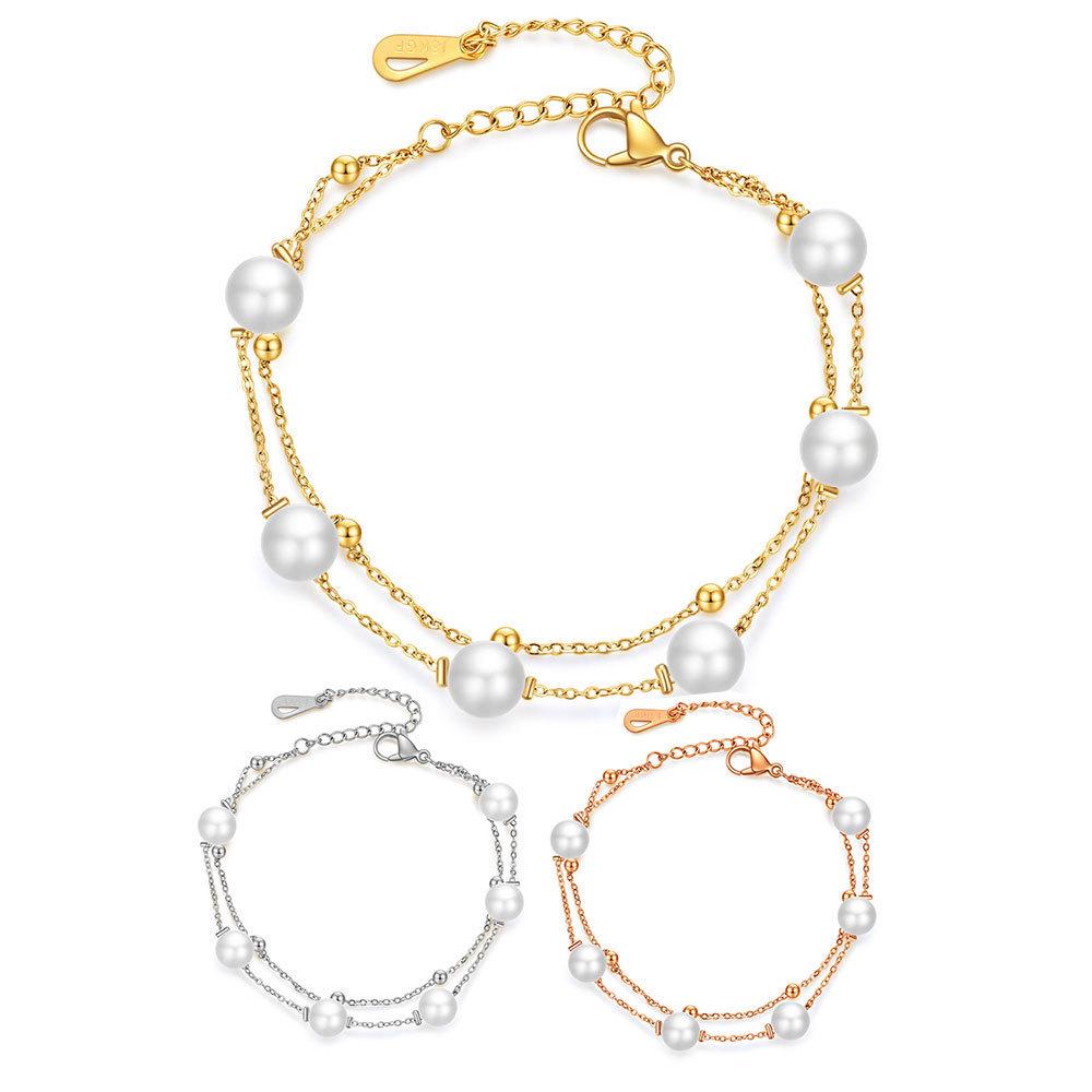Bracelet à double couche en acier inoxydable avec perles créatives européennes et américaines pour femmes