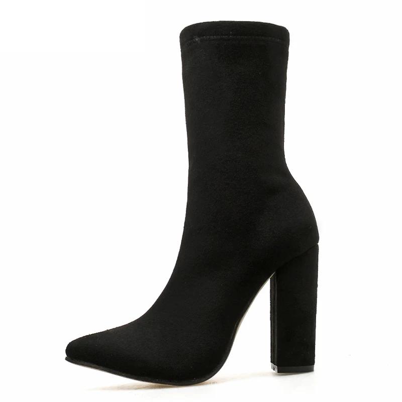 Escarpins à talons carrés en faux daim noir mi-mollet pour femmes, bottes à bout pointu, mode printemps, fermeture éclair, sexy, solide, fête, taille 35-42