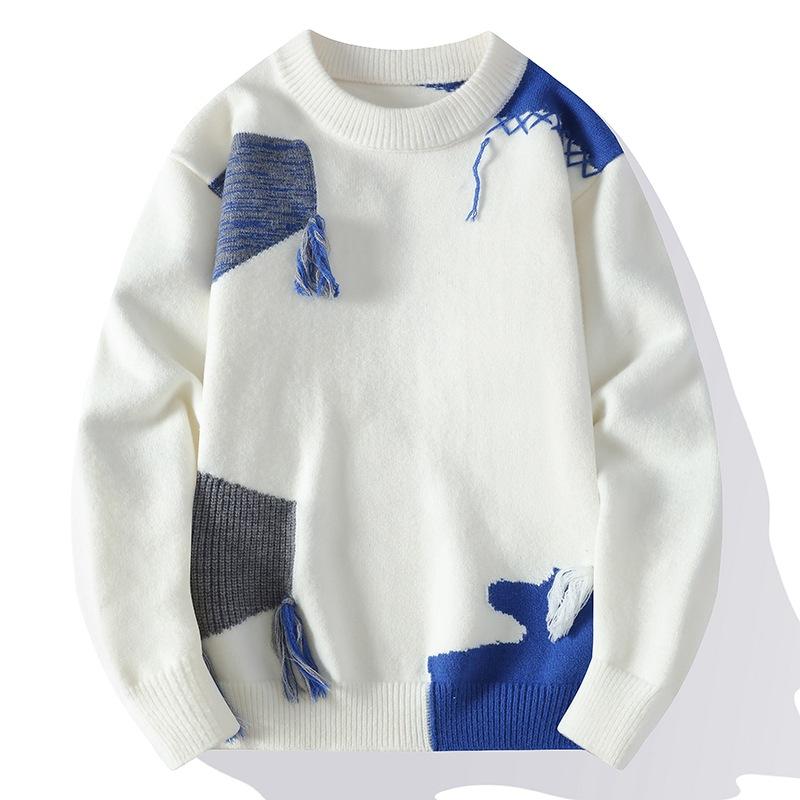 Мужской свитер с круглым вырезом корейская версия тенденции моды повседневный свитер с завязками дизайн контрастный цвет свитер для мужчин 4XL белый 3189₽