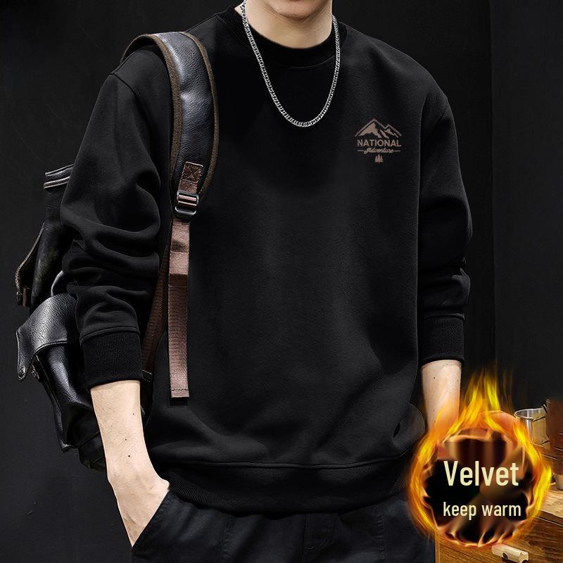 Men's Retro American Style Heavyweight Round Neck Hoodie - Autumn/Winter Trendy Outerwear