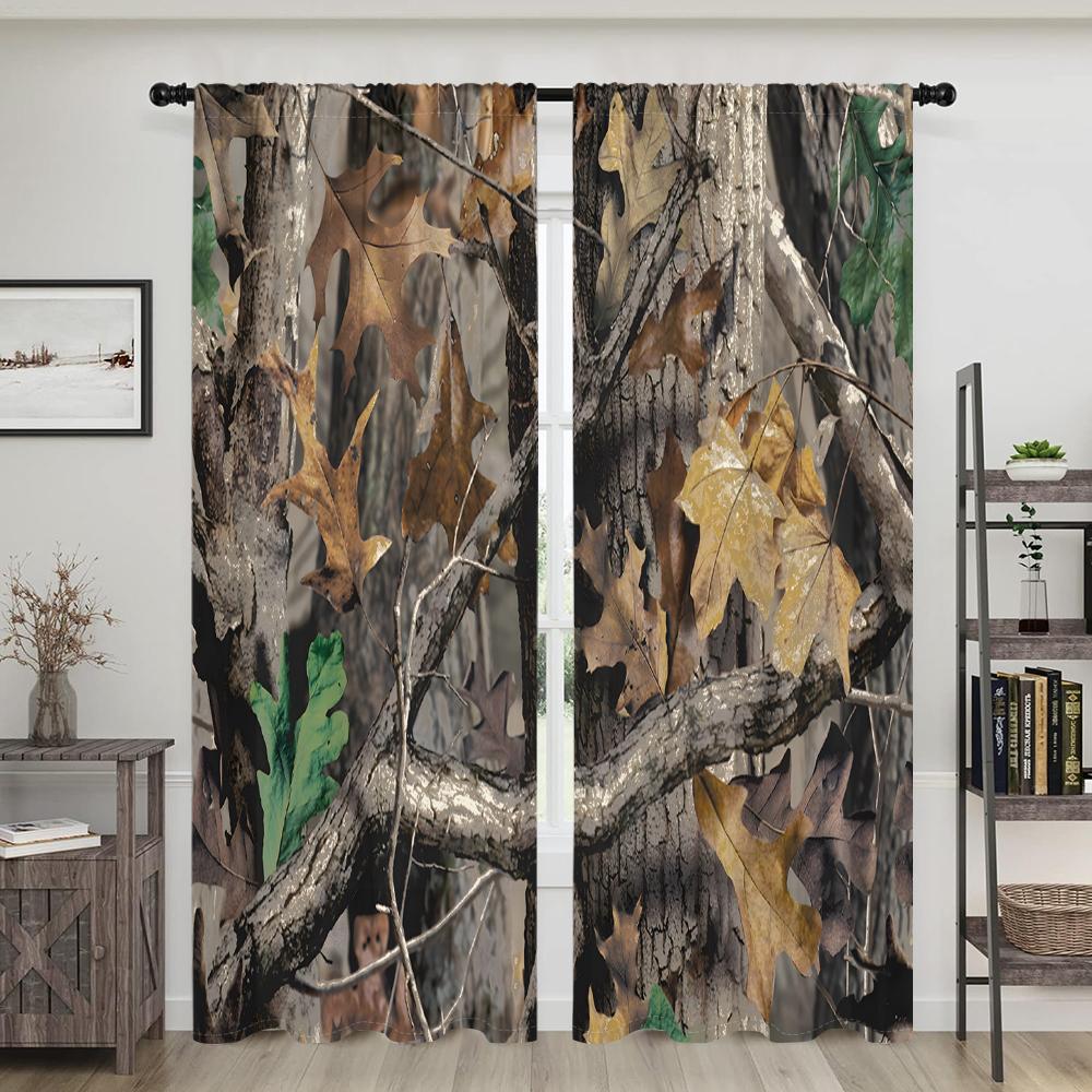 2 Stück, Tarnmuster waldgrüne Blätterzweige Vorhänge - halbverdunkelnd - geeignet für Wohnzimmer, Schlafzimmer, Küche, Heimdeko