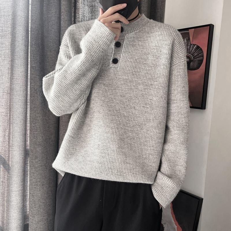 Grey American Retro Henley Neck Men S Knit Sweater Winter Lazy Cleanfit