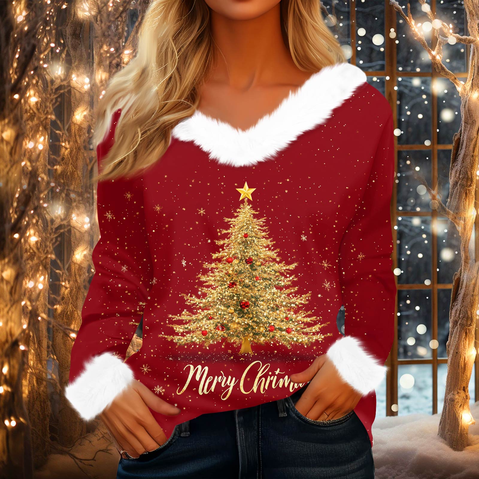 

Жіночий Модний Повсякденний Топ з V-подібним Вирізом та Різдвяним Принтом з Довгим Рукавом XXXL золотий