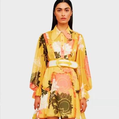 2023 Herbst Damen Kurzkleid: Revers, Laternenärmel, Einreihig mit Schnallengürtel und Taillenprint-Detail