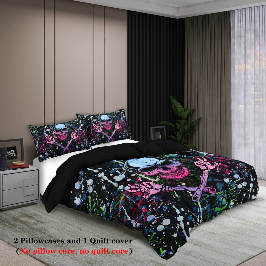 3-piece set, skull gestures pattern printed duvet set, queen, king, double bed, party  funny and creative bedding set