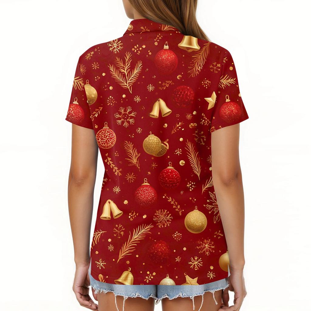 Dámská móda Ležérní klopa Krátký rukáv Vánoční potisk Košile Dámské knoflíkové topy