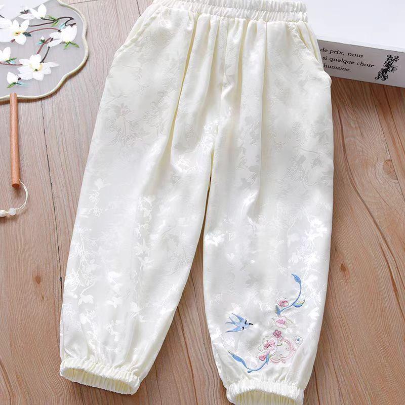 Girls' Summer Pants Fashion Chinese Style Satin Jacquard Hanging Feel Medium Sized Children's Baby Pants